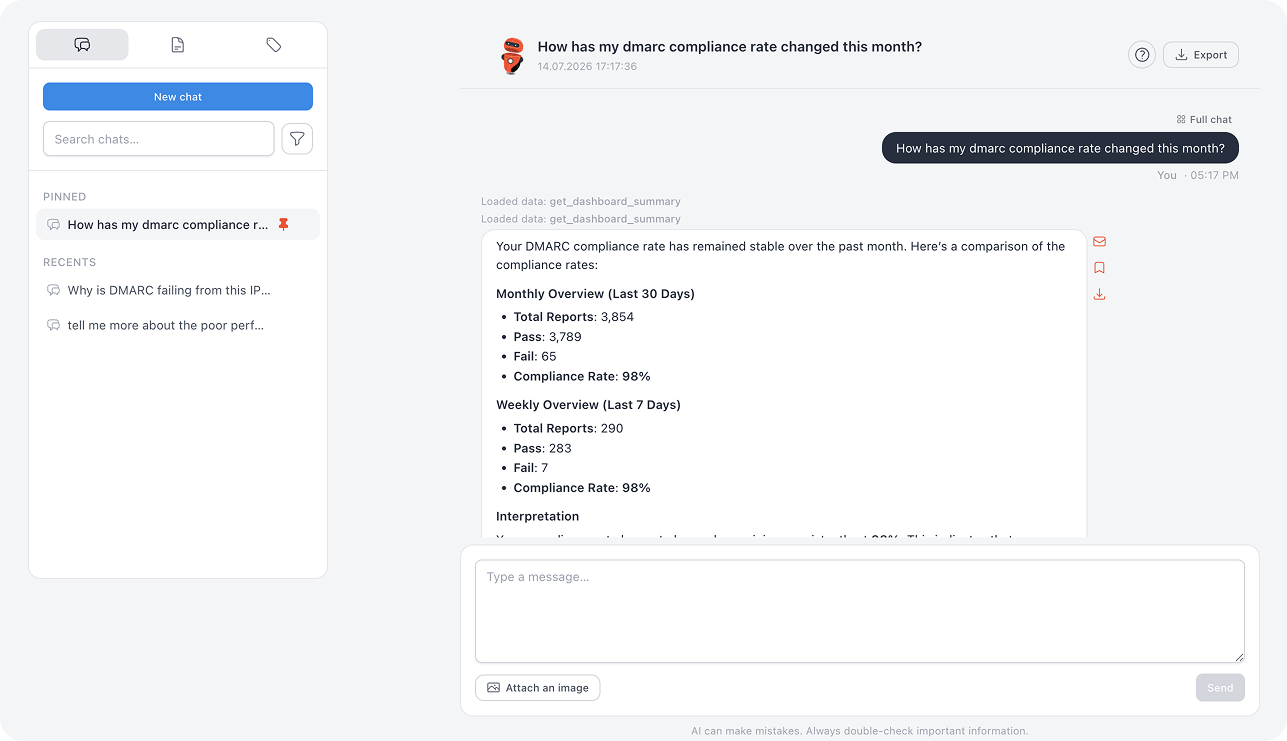 DMARCeye full AI Chat view with pinned and recent conversations