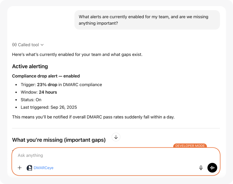 DMARCeye MCP important alerts